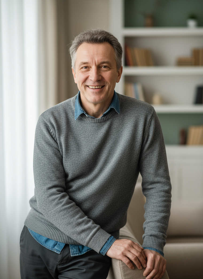 Happy Russian male homeowner testimonial portrait